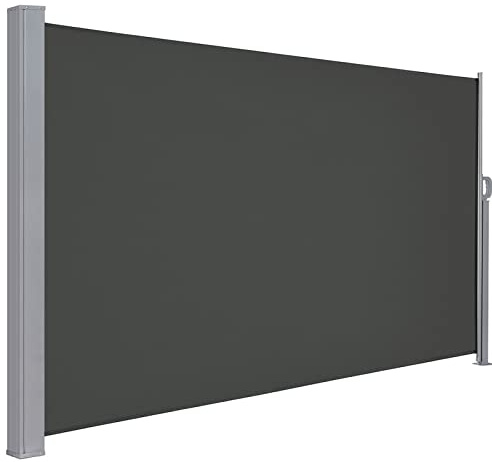 LARMNEE Seitenmarkise mit Stahl-Kasten, ausziehbar, 180 x 300 cm, Rostbeständig, Windschutz, Sonnenschutz, Seitenrollo, Blickdicht, für Balkon, Terrasse, Garten, Dunkelgrau EGY183TBP02