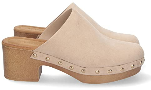 shoes&blues.es 72709-Sandalia de Tacon para Mujer, Comoda, Material de Imitacion a Madera, con Pala Cerrada, Remaches, y Talon Abierto. Talla 36 Beige
