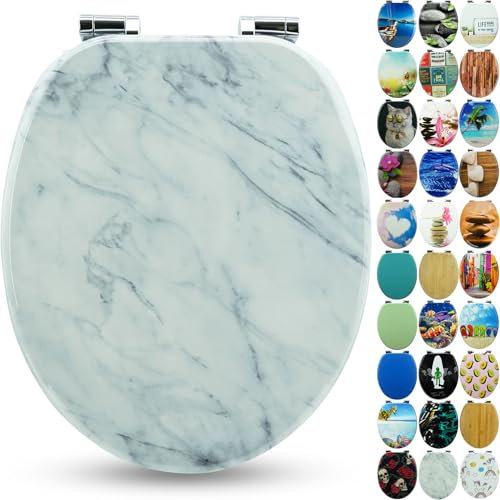SANFINO® Premium WC Sitz mit Absenkautomatik – hochwertige Toilettendeckel aus Holz, viele bunte Motive, hoher Sitzkomfort, einfache Montage inklusive Montageanleitung – Marmor