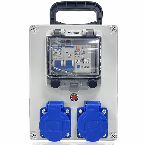 Baustromverteiler - Stromverteiler mit FI Schalter - Wandverteiler mit Leitungsschutzschalter - 250V 2 Polig Wandverteiler mit 2xSchuko-Steckdose 16A Stromverteiler Wasserdicht (2 Fach 2P + E)