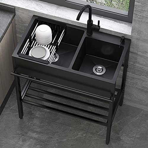 Spülbecken für zu Hause, Küchenspülen, Edelstahl, schwarzes Spülbecken mit Wasserhahn, 2 Fächer, gewerbliche Restaurant-Küchenspüle, tragbare Spüle, Waschbecken mit Werkbank für Restaurant,