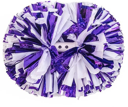 Aimengyingaizimo 2 Pack Pom Poms Cheerleading, Cheerleading Pom Poms for Girls with Baton Handle, Cheer Pompoms for Sports Team Spirit Cheering, Pompoms Cheerleader Kids (Metallic Purple & White)