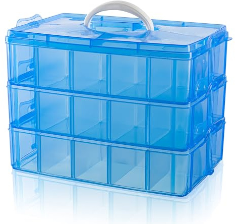 Daletu Sortierboxen für Kleinteile mit Deckel, Plastik Aufbewahrungsbox Klein für Metallteile, Perlen, Bausteine, Drei Etagen mit Herausnehmbare 30 Fächer, Transparent, Blau