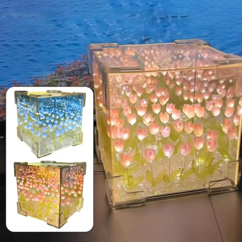 Lámpara de espejo de cubo de tulipán, luz nocturna de espejo de tulipán, lámpara de mesa LED, lámpara de mesa de cubo de tulipán, lámpara de tulipán de flores, regalo creativo para adolescentes,