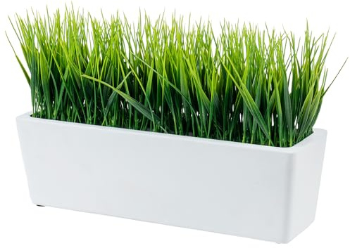 MyGift 14 Inch Artificial Green Grass Plant in Modern White Concrete Planter Window Box, Tabletop Faux Greenery in Decorative Rectangular Cement Container
