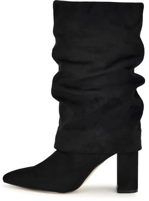 MIRAAZZURRA Halbhohe Stiefel Damen Spitze Zehen Klobig Absatz Stiefel 8,5cm High Heel Boots Fold Over Slouch Boots für Freizeit Arbeit Schwarz 39EU