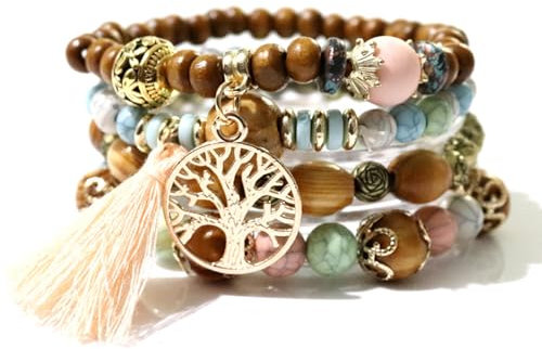 SHUBEIEUMI Boho Holzperlen Armband, 4 Stück Boho Quaste Armband für Damen, Frauen Baum des Lebens Charm Statement Armreifen, Statement Armreifen, Rosa