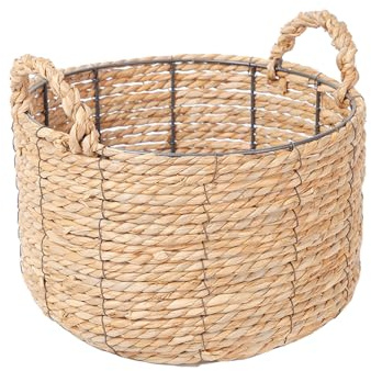 Round Wicker Storage Basket, Woven Large Water Hyacinth Bin with Handles, 12''x 7''
