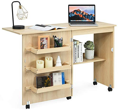 Tavolo da cucito mobile con ripiani aperti e rotelle pieghevoli, 2 in 1, per casa, ufficio, macchina da cucire, scrivania per computer (beige)