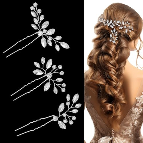 3 horquillas para el pelo de boda con diamantes de imitación de cristal plateado, accesorios para el cabello de novia, joyería para el cabello para novia, damas de honor, mujeres y niñas