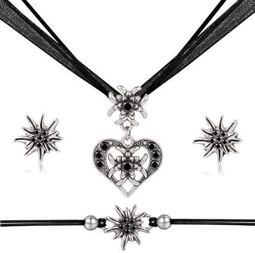 TOWLEING 4 pezzi di gioielli tradizionali da donna Collana tradizionale Edelweiss Bracciale Orecchini Gioielli Dirndl Gioielli Dirndl eleganti da donna, per Dirndl o pantaloni