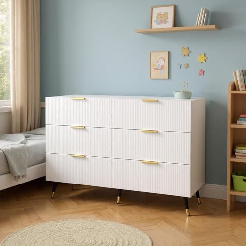 HOMYLIN Kinderkommode, Kommode mit goldfarbenen Griffen, 3 große Schubladen für Kinderzimmer, 120 × 40 × 77 cm, Weiß