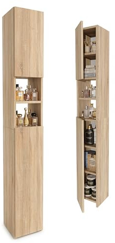 möbelkap Badezimmerschrank Eiche Sonoma 24×31×172 cm – Badschrank Hochschrank schmal, modernes Badmöbel mit Türen & offenen Fächern, viel Stauraum für Handtücher und Kosmetik