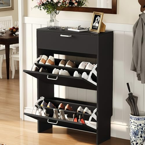 Bonnlo 1 Drawer Shoe Cabinet, Freestanding Shoe Storage with 2 Doors, Modern Black Shoe Cupboard, Space-Saving Easy-Clean Organiser for Entryway Hallway (Black)