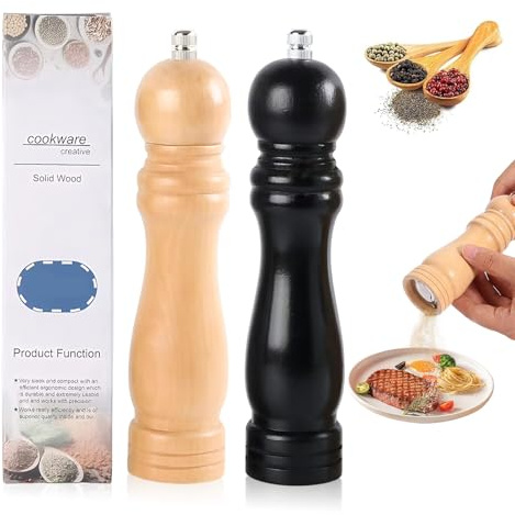Juego de molinillos de sal y pimienta de madera de 21 cm, juego de molinillo de sal y pimienta premium en blanco y negro – Molinillo manual de especias con mecanismo de cerámica ajustable fino, diseño