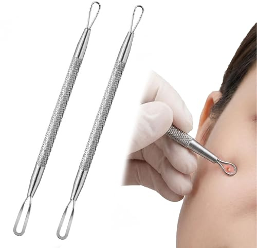 LEOUEANR 2 asole per rimozione punti neri, in acciaio inox su entrambi i lati, strumento per la cura della pelle professionale e kit per scoppiare brufoli (argento)