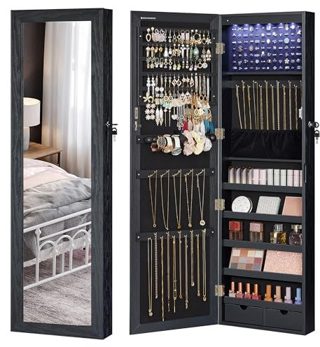 SONGMICS Hängande smyckeskåp, låsbart spegelskåp, väggskåp med spegel och många fack, väggmonterat, hängande på dörren, för halsband, örhängen, svart JJC093B01