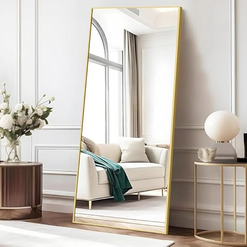 COFENY Espejo de Pie Cuerpo Entero, Espejos Grandes de Pared con Marco de Aluminio 161 x 52 cm, Espejo de Pie Inclinado o Colgante para Salón, Dormitorio, Entrada, Dorado