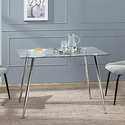 [en.casa] Mesa de Comedor para 4 Personas Mesa de Cristal para Cocina Estudio Oficina Versátil con 4 Patas de Acero 110 x 70 x 75cm - Transparente y Cromo