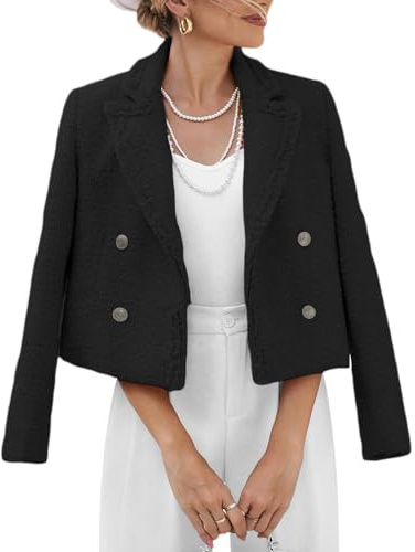 Mina Self 2026 Frühling Damen Tweed-Blazer-Jacke – modisch, warm, vollständig gefüttert, elegant, trendig, lässig, niedlicher Mantel mit Taschen, Schwarz, S