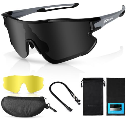 Odoland Polarisierte Fahrradbrille, Sport-Sonnenbrille, UV 400, mit austauschbarer Nachtsicht, Gläser für Fahrrad, Angeln, Laufen, Herren, Damen und Jugendliche, Schwarz