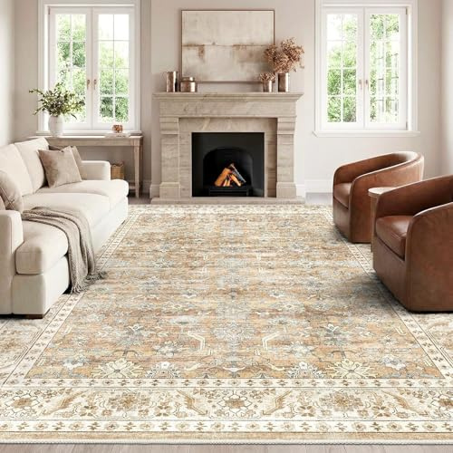 HOMFINE Beige Marrón Alfombra Salon Vintage 200x300 cm Grande Alfombras Lavable en Lavadora Pelo Corto Antideslizante Rug Tapete Sala para Habitacion Comedor Dormitorio Cocina Exterior