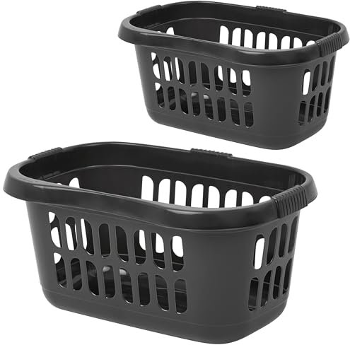 2x Hüft Wäschekorb 43 Liter Schwarz mit 3 Griffmulden - 60x39x29 cm ergonomisch geformt - mit Löcher - Haushaltskorb Wäschewanne Tragekorb Wäschesammler Wäschesortierer Wäschebox - Hipster Kunststoff