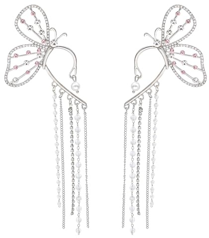 ZAMXHUG Ohrringe Schmetterling für Damen - Ohrclips Damen Ohne Ohrlöcher, Blume Quaste Ohrringe für Frauen, Elfen Ohren für Elben Kostüm Feenkostüme Frauen Cosplay Kostüm, Silber