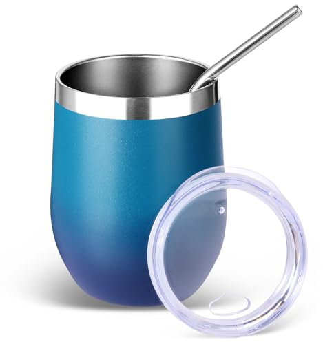 Volhoply 12oz Stainless Steel Wine Tumbler with Lid and Straw,350ml Double Wall Vacuum Insulated Stemless Wine Glasses,Travel Coffee Mug for Cold Drinks,Tumblers Gifts for Women（Dark Night,1 Set）