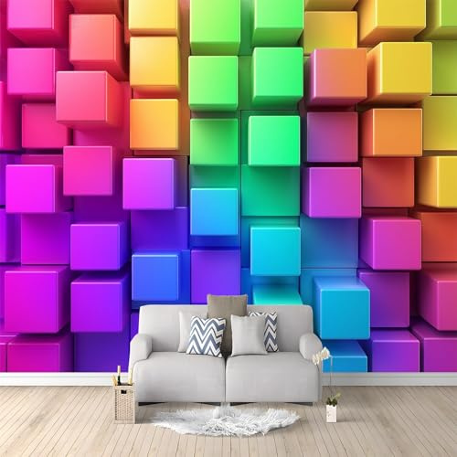 Art Papier Peint Intissé Carrés multicolores géométriques Peint Photo 200 x 140 cm Affiche de Papier Peint, Fresque Murale 3D HD pour Salon Chambre Cuisine Violet