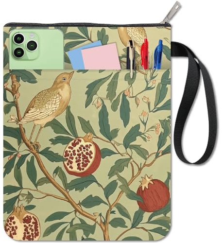 CRASPIRE Copertina per Libro con Melograno e Uccello Manicotto per Libri Ramo Botanico Foglie in Tessuto Lavabile Quaderno con Copertina Flessibile con Cerniera e Tasca Extra per Amanti dei Libri