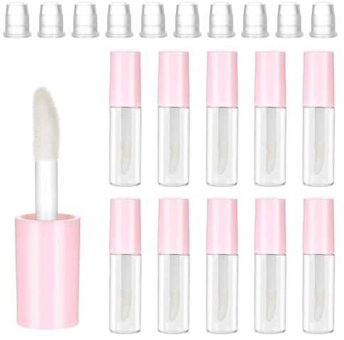 10Pcs Empty Lip Gloss Tubes 1.2ml Pink Round Lipgloss Tubes Clear Mini Refillable Lip Balm Bottles Big Brush Lip Gloss Tube Cosmetic Containers Bottles for Lipstick Samples Lip Balms Travel Split