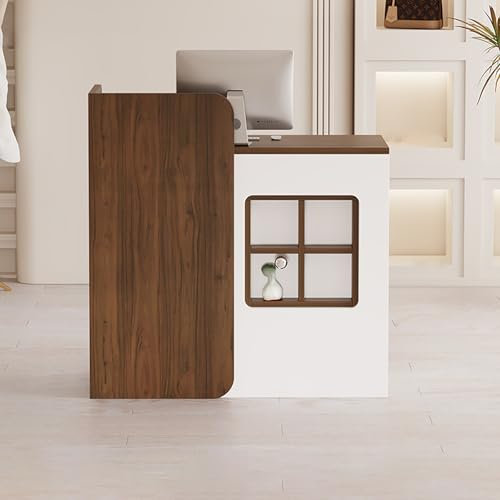 Moderno escritorio de recepción con cajones de nogal y blanco para oficinas en casa y minoristas, elegante escritorio de madera con diseño de ventana de celosía