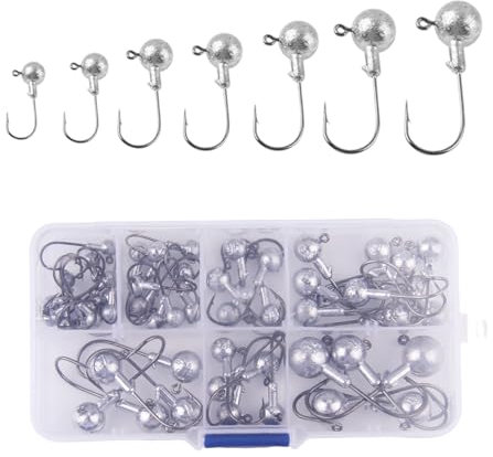 RYAN 52 Stück Angelhaken Jigköpfe Dropshot Haken 1g /2g/ 3.5g/ 5g/ 7g / 10g/ 14g mit Abnehmbarer Aufbewahrungsbox für Gummifische Angelzubehör Süßwasser Salzwasser