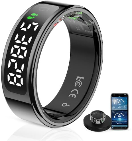 LCD Display Smart Ring - Sleep Tracker Touch Control Ring with Heart Rate/Blood Oxygen/Step Counter, Wireless Charging Dock, 5ATM Waterproof Fitness Tracker, No Subscription Fee for iOS/Android