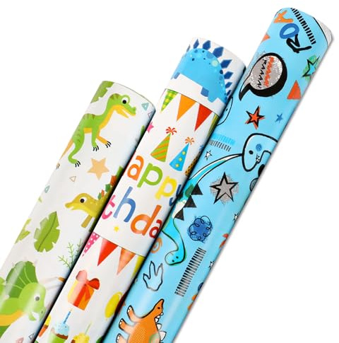 Dinosaurier Geschenkpapier Geburtstag Kinder 3 Rollen, 43 cm x 300 cm Geschenkpapierrollen Junge, Recycelbar Geschenk Papier Dino Erwachsene, Birthday Gift Wrapping Paper für alle Geburtstagsanlässe