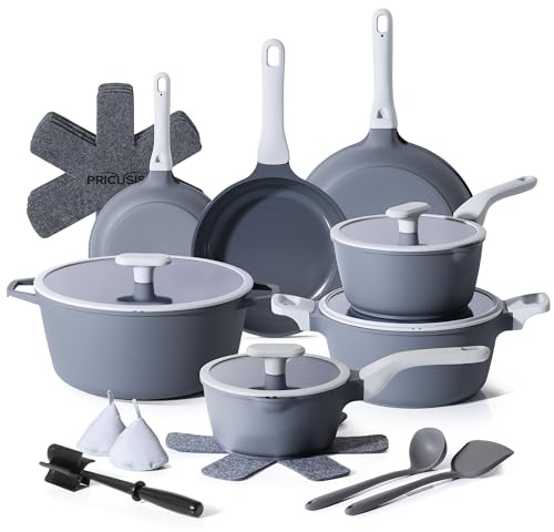 PRICUSIS Ceramic Pots and Pans Set Nonstick, 21Pcs Nontoxic Induction Cookware Set, 100% Dishwasher Safe, Stay Cool Handle, Fully Coated, PTFE PFOA & PFAS Free (Blueberry Gray