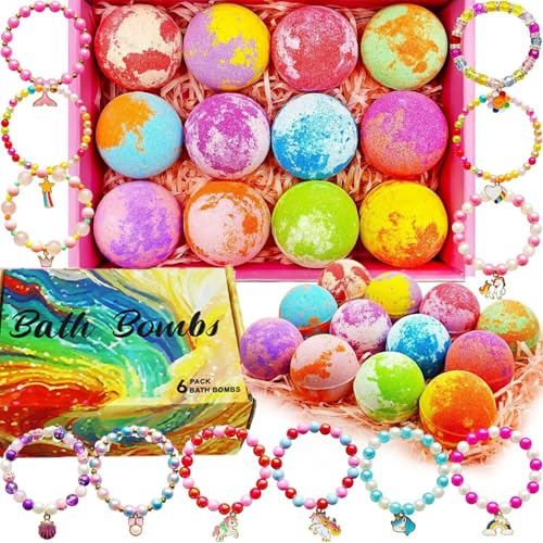 Regalo di palline da bagno con giocattolo a sorpresa all'interno, bombe da bagno schiumogeno organiche naturali per ragazze e ragazzi, regalo di compleanno (12 pezzi con braccialetti)