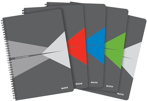 Leitz Office Collegeblock (5-pack) – A4 Linjerad Anteckningsblock med Kartongomslag, Spiralbindning, 180 Sidor / 90 Ark av FSC-Certifierat Papper (80 g/m²), För Kontor & Skola, Flera Färger, 46481099