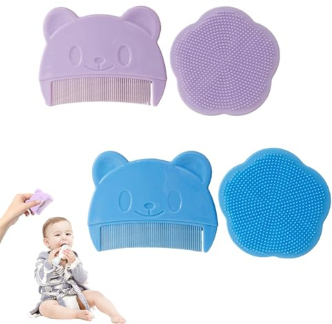 2Pcs Cute Bear Shape Cradle Cap Comb and 2 Pcs Flower Shampoo Baby Cradle Cap Brush for Newborn Essentials, Bath Time Cleaning, Gentle Scalp Massage (Blue/Purple)