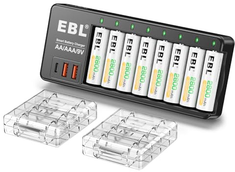 EBL Chargeur de Piles Rechargeables - pour AA/AAA/9V Piles, avec 8PCS AA Piles Rechargeables Haute Performance