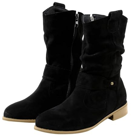 Bottes pour femme avec boucle mi-mollet en daim - Talon bas - Bout rond - Faciles à mettre et à enlever - Antidérapantes - Confortables - Thermiques - Avec fermeture éclair latérale, Noir , 36.5 EU