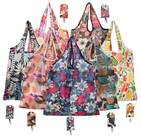HEUIOP 7 Pcs Shopping Bags, Folding Shopping Bag, Waterproof Fold Up Bag In Pouch, Foldable Reusable Grocery Bags for Daily Travel Picnic Use