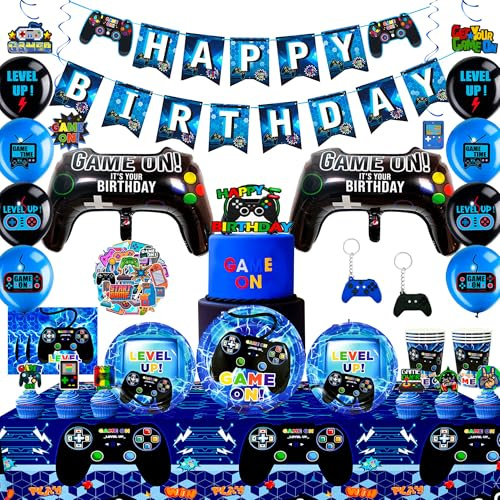 Fournitures de Fête de Jeu Vidéo,151 pcs Décorations de Fête de Jeu Vidéo & Ensemble de Vaisselle Fête de Jeu Vidéo Comprenant des Ballons de Fête de Jeu Nappe etc Fournitures de Thème des Jeux Vidéo