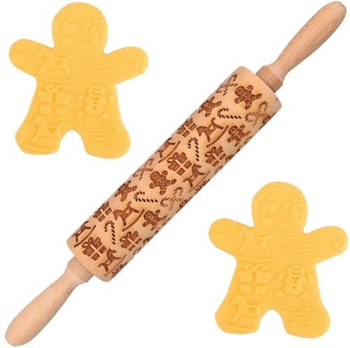 Mattarello natalizio in legno da 14 pollici con omino di pan di in rilievo con bastoncino di zucchero, scatola e cavallo a dondolo per cuocere biscotti, torta di Natale, Rolli rilievo