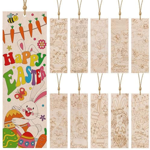 JSRQT 20 Stück Oster Lesezeichen, Holz Blanko Lesezeichen für Ostern Basteln, Hasen Ei Bookmark mit Kordeln, Unbehandeltem Holz Tags Anhänger für DIY Lesezeichens Handwerk Schüler Lehrer