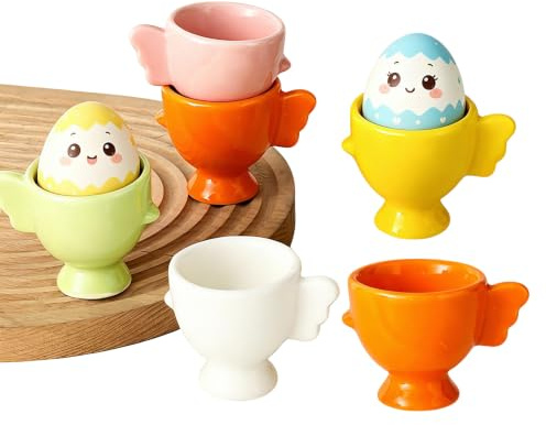 TMZDCJK Ceramic Egg Cups Set of 6, Colorful Chick Design | Fun patterned egg holders, for soft & hard boiled eggs, breakfast use, dishwasher & microwave safe, five assorted colours