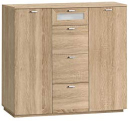 FORTE Nexus Kommode mit 2 Türen und 4 Schubladen, Holzwerkstoff, Sonoma Eiche/weißes Glas, 40 x 98,8 x 119,6 cm