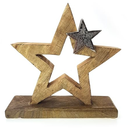 TEMPELWELT Deko Figur Stern Aufsteller 21 cm, Mangoholz Holz massiv Natur braun Aluminium Metall Silber, Winterstern Weihnachtsstern Sternfigur