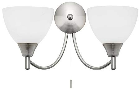 National Lighting Andy Decorative Satin Chrome Twin E14 LED Compatible Wall Light with Matt Opal Glass Shades Uplight